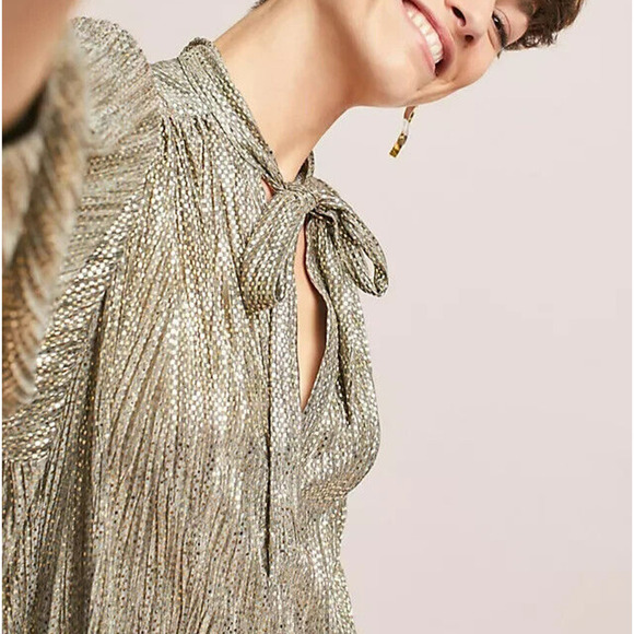 Anthropologie Sabina Musayev Tie Neck Shirt Dress Size XS Gold Metallic Shimmer - Picture 3 of 12